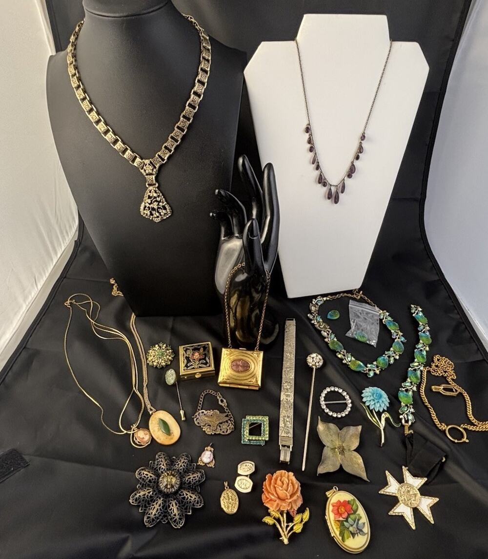 ESTATE VICTORIAN/ Art Deco /MCM Book Chain Paste Necklace Lockets Czech Glass